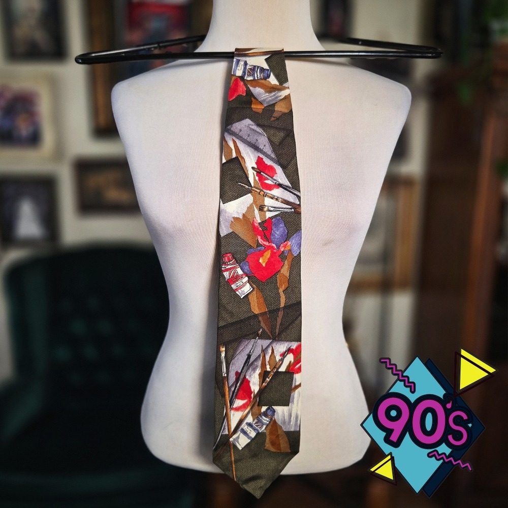Structure Silk Tie Vintage 90s Mens Art Paint Brushes Tubes Tubes Green Abstract